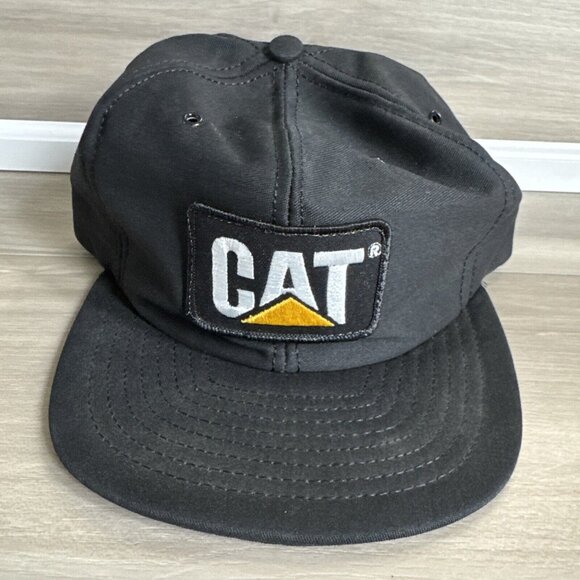 Vintage cat hat caterpillar patch Black No foam trucker cap‎ SnapBack Made USA - Picture 1 of 9